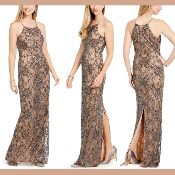 NWT Adrianna‎ Papell Beaded Halter Neck Gown 8 Lead - Picture 1 of 8